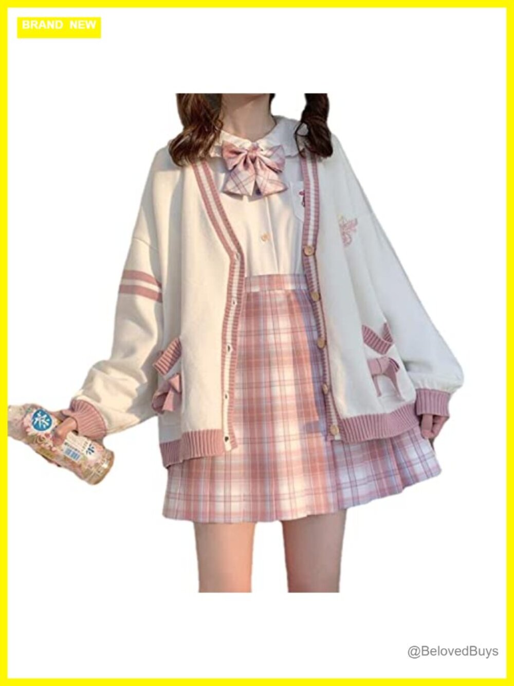 KAOBIO Cable Knit Cardigan Loose Fit Pull-On Sweater for School Cosplay
